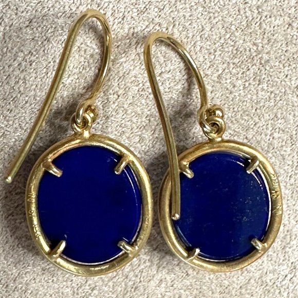 Designer IRENE NEUWIRTH 18K Yellow Gold Oval Lapis Lazuli Diamond Drop Earrings - Picture 8 of 15